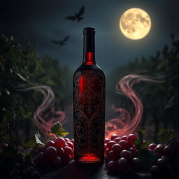 A conceptually rich and visually stunning interpretation of 'O doce vinho da vingança', featuring a beautifully crafted wine bottle with intricate designs and a deep red, almost blood-like liquid inside