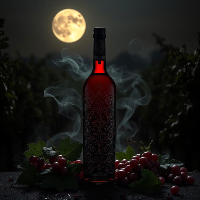 A conceptually rich and visually stunning interpretation of 'O doce vinho da vingança', featuring a beautifully crafted wine bottle with intricate designs and a deep red, almost blood-like liquid inside