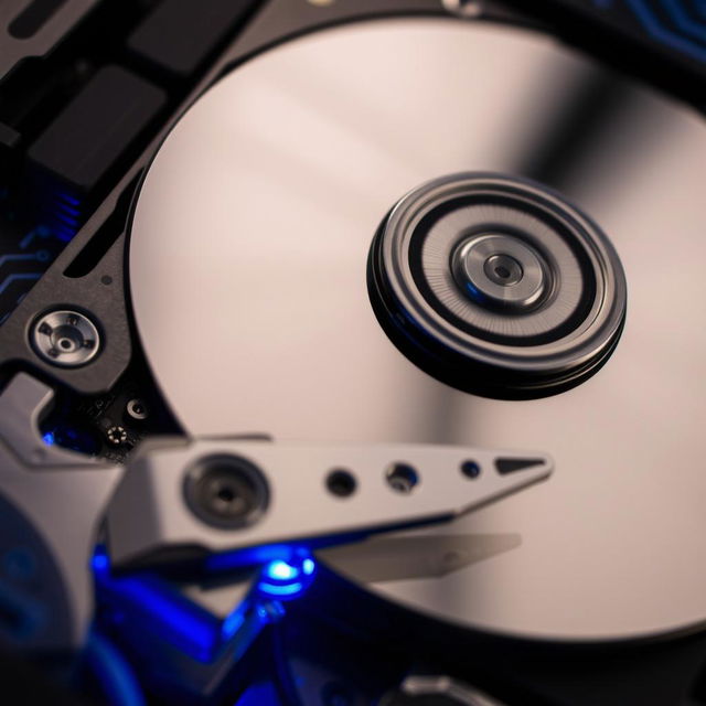 A close-up of an internal hard drive, showcasing intricate details like the metal casing, circuit board, and spinning disks