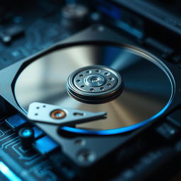 A close-up of an internal hard drive, showcasing intricate details like the metal casing, circuit board, and spinning disks