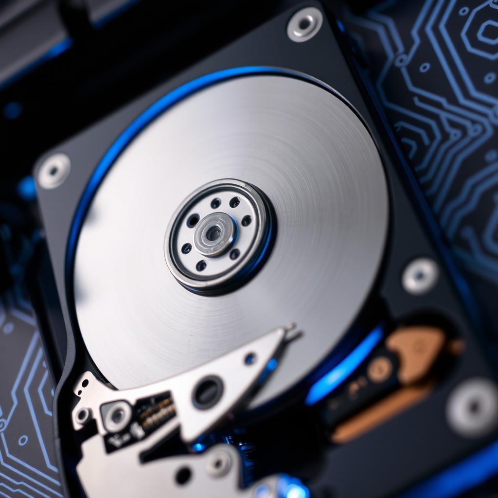 A close-up of an internal hard drive, showcasing intricate details like the metal casing, circuit board, and spinning disks