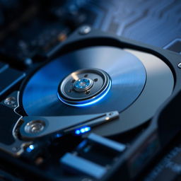 A close-up of an internal hard drive, showcasing intricate details like the metal casing, circuit board, and spinning disks