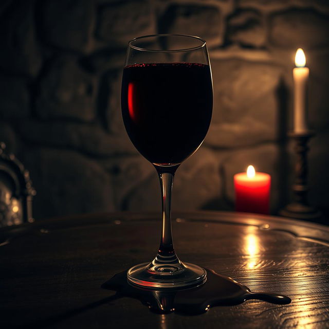 A poetic, dark-themed scene depicting a glass of deep red wine, symbolizing revenge, sitting atop an ornate wooden table