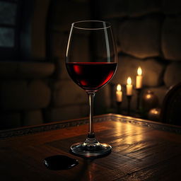 A poetic, dark-themed scene depicting a glass of deep red wine, symbolizing revenge, sitting atop an ornate wooden table