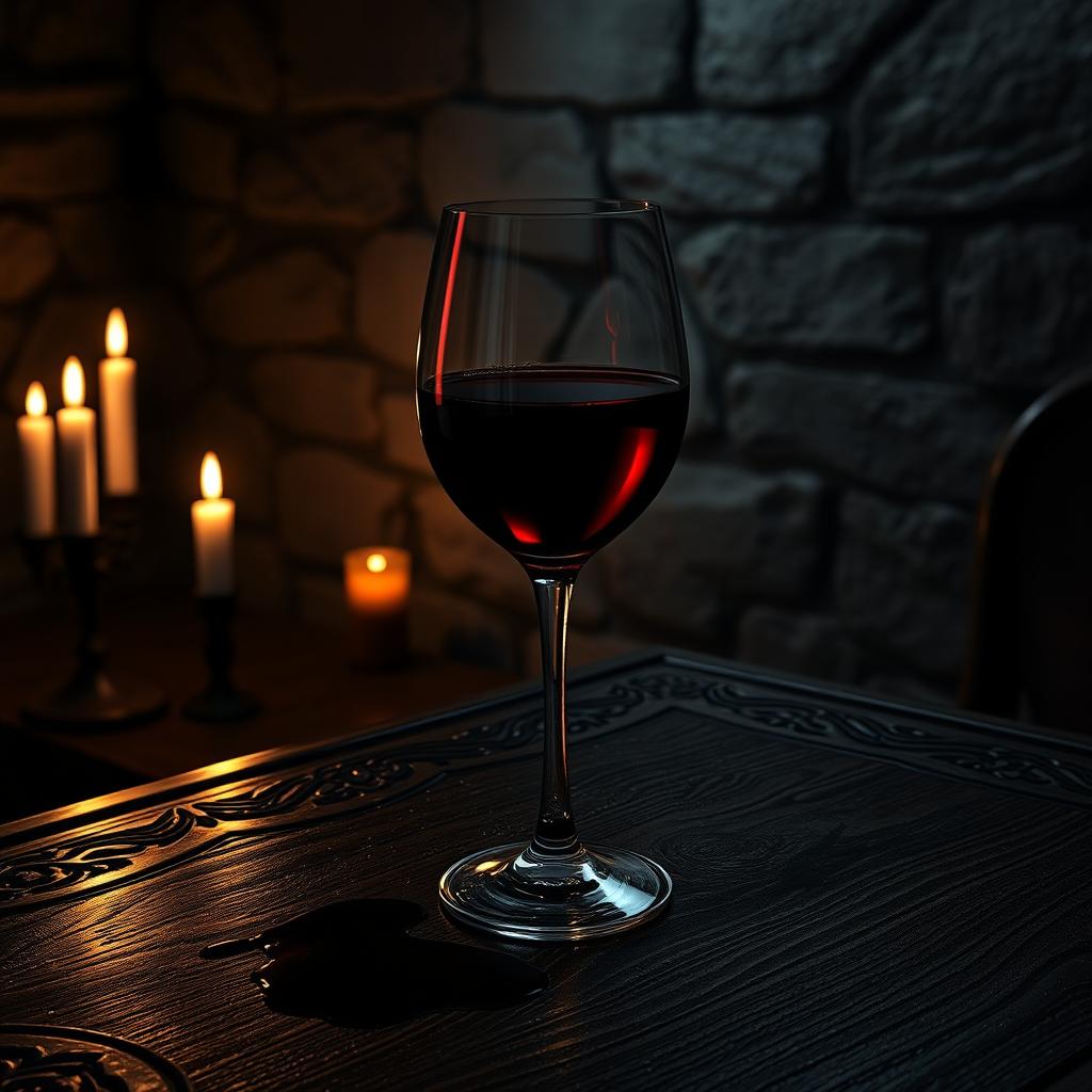 A poetic, dark-themed scene depicting a glass of deep red wine, symbolizing revenge, sitting atop an ornate wooden table