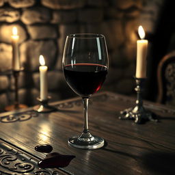 A poetic, dark-themed scene depicting a glass of deep red wine, symbolizing revenge, sitting atop an ornate wooden table