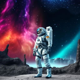 A futuristic space agent in a sleek, cutting-edge spacesuit, standing in front of a vividly-colored nebula with a starship on the background.