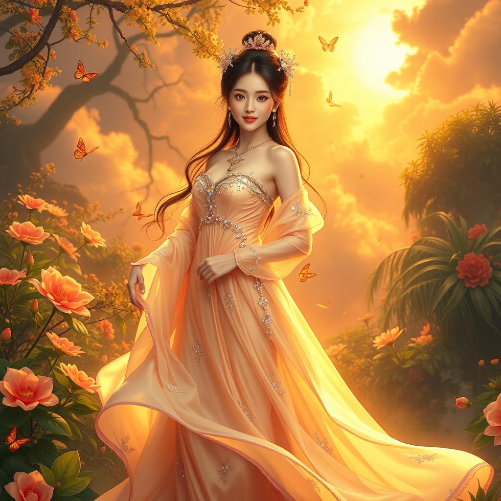 A stunning portrayal of Huang Jia Jie, embodying divine elegance amidst a heavenly paradise