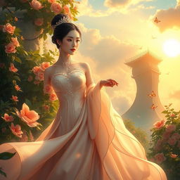 A stunning portrayal of Huang Jia Jie, embodying divine elegance amidst a heavenly paradise