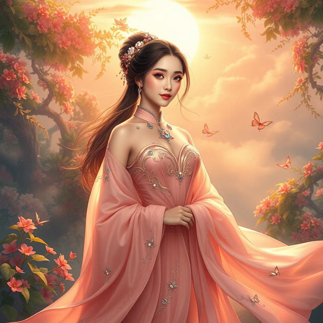 A stunning portrayal of Huang Jia Jie, embodying divine elegance amidst a heavenly paradise