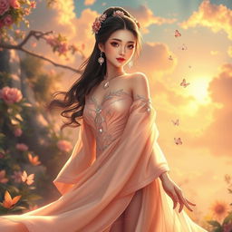 A stunning portrayal of Huang Jia Jie, embodying divine elegance amidst a heavenly paradise