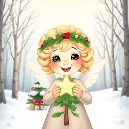 A cartoon illustration set in a winter wonderland, featuring a light, airy background with a snow-covered forest