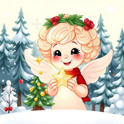 A cartoon illustration set in a winter wonderland, featuring a light, airy background with a snow-covered forest