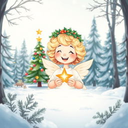 A cartoon illustration set in a winter wonderland, featuring a light, airy background with a snow-covered forest