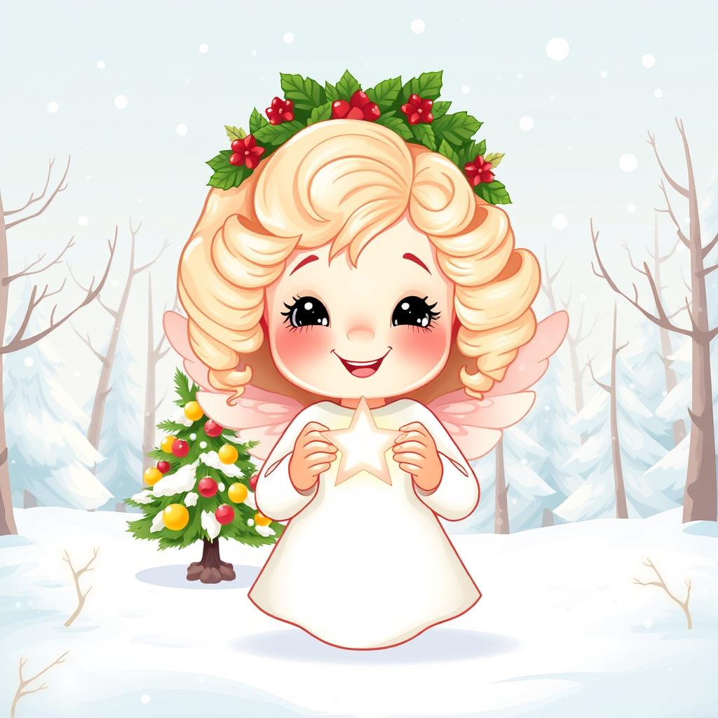 A cartoon illustration set in a winter wonderland, featuring a light, airy background with a snow-covered forest