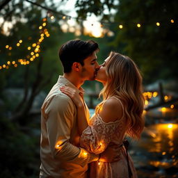 A romantic scene of two people sharing a passionate kiss, surrounded by softly glowing fairy lights at dusk