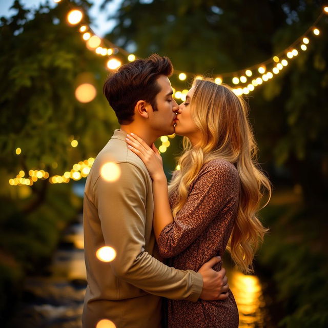 A romantic scene of two people sharing a passionate kiss, surrounded by softly glowing fairy lights at dusk