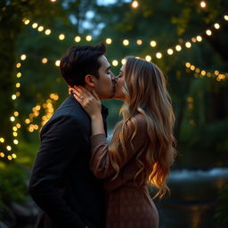 A romantic scene of two people sharing a passionate kiss, surrounded by softly glowing fairy lights at dusk