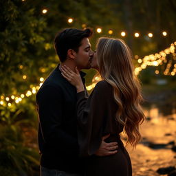 A romantic scene of two people sharing a passionate kiss, surrounded by softly glowing fairy lights at dusk