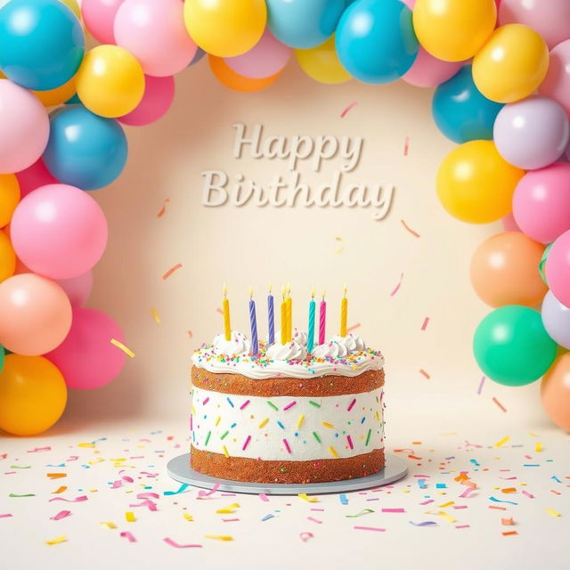 A vibrant and cheerful birthday background featuring a colorful balloon arch in shades of pink, blue, yellow, and green