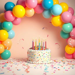 A vibrant and cheerful birthday background featuring a colorful balloon arch in shades of pink, blue, yellow, and green