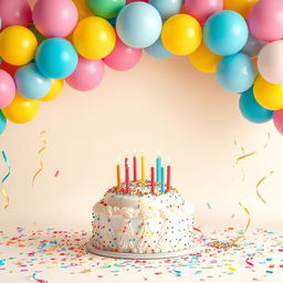 A vibrant and cheerful birthday background featuring a colorful balloon arch in shades of pink, blue, yellow, and green