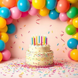 A vibrant and cheerful birthday background featuring a colorful balloon arch in shades of pink, blue, yellow, and green