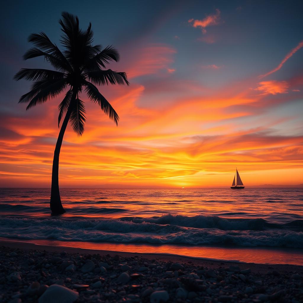 A captivating sunset over a tranquil sea, with vibrant oranges, reds, and purples blending in the sky