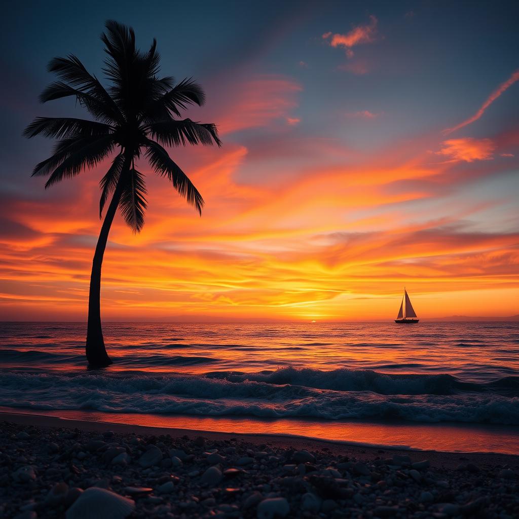 A captivating sunset over a tranquil sea, with vibrant oranges, reds, and purples blending in the sky
