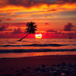 A captivating sunset over a tranquil sea, with vibrant oranges, reds, and purples blending in the sky