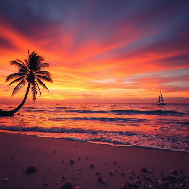 A captivating sunset over a tranquil sea, with vibrant oranges, reds, and purples blending in the sky