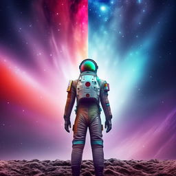 A futuristic space agent in a sleek, cutting-edge spacesuit, standing in front of a vividly-colored nebula with a starship on the background.