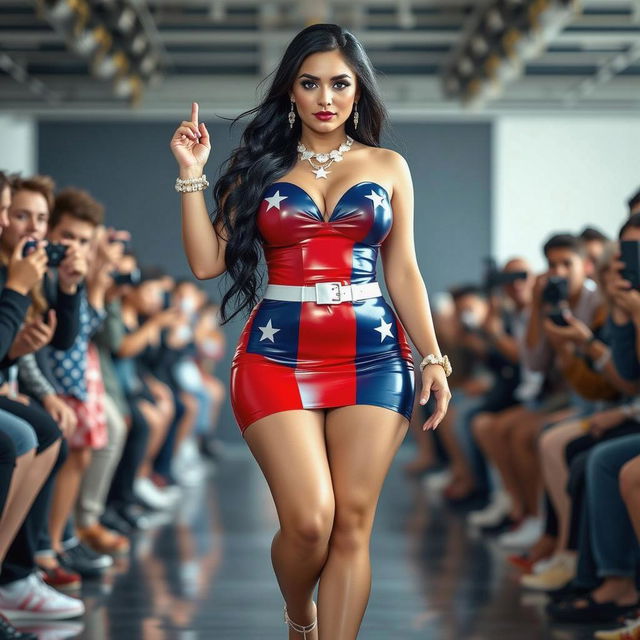 A dynamic fashion runway scene featuring a confident young woman with long black hair and striking features