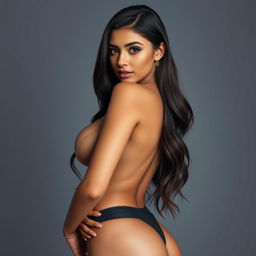 A stunningly beautiful woman with average height and tanned skin, showcasing round, captivating brown eyes and long, silky dark hair that cascades down her shoulders