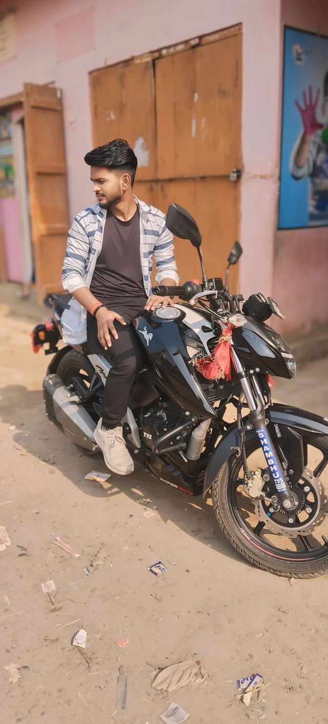 A dynamic composition featuring two layered images of a stylish young man with dark hair, dressed in a casual outfit, sitting confidently on a sleek motorcycle