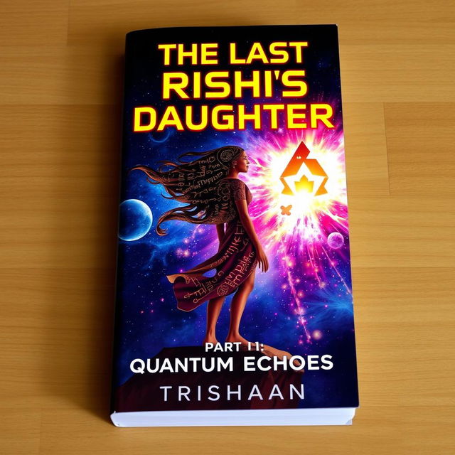 A captivating book cover for the title "The Last Rishi's Daughter" featuring a dramatic cosmic event, specifically a vibrant supernova bursting with colors and energy, set against a starry night sky