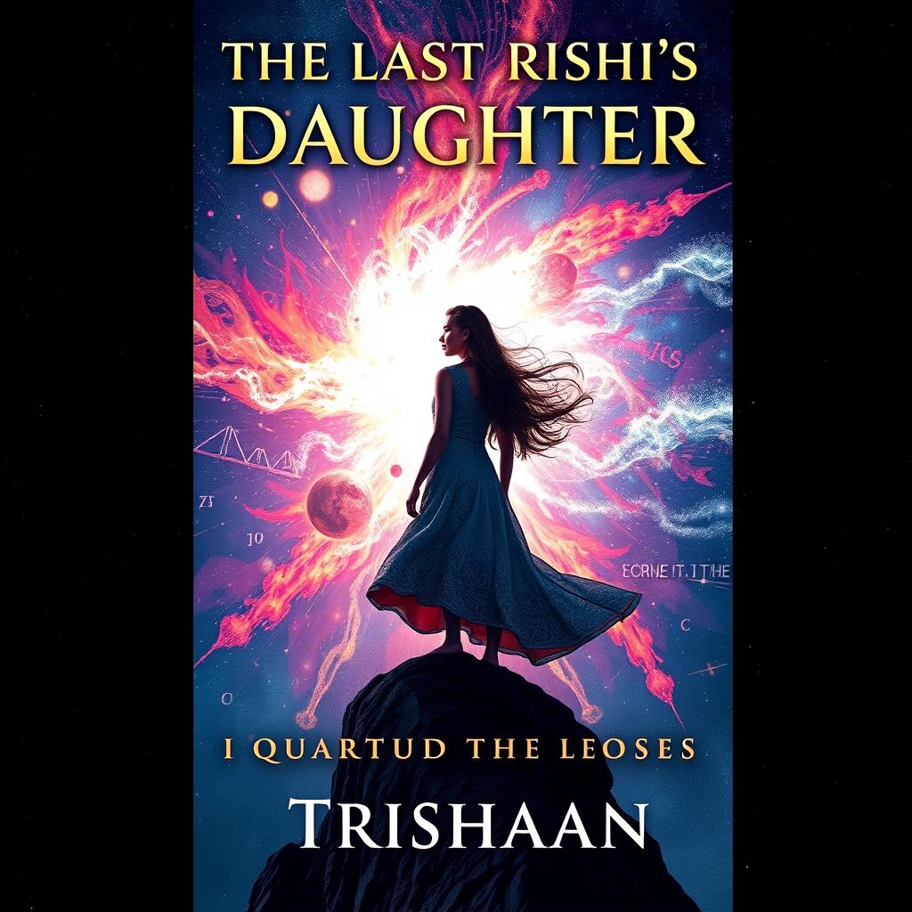 A captivating book cover for the title "The Last Rishi's Daughter" featuring a dramatic cosmic event, specifically a vibrant supernova bursting with colors and energy, set against a starry night sky