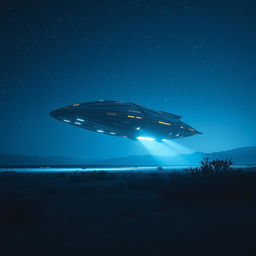 A dramatic scene featuring a massive alien spaceship landing on an open landscape under a starry night sky