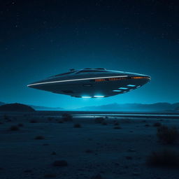 A dramatic scene featuring a massive alien spaceship landing on an open landscape under a starry night sky