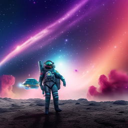 A futuristic space agent in a sleek, cutting-edge spacesuit, standing in front of a vividly-colored nebula with a starship on the background.