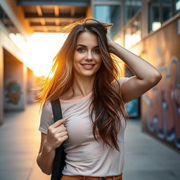 A confident woman in a stylish outfit standing in a trendy urban environment