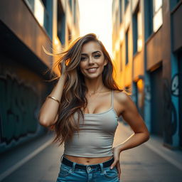 A confident woman in a stylish outfit standing in a trendy urban environment