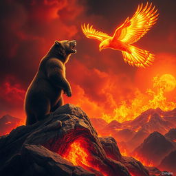 A powerful bear stands triumphantly atop a fiery, burning mountain, roaring with fierce intensity