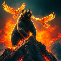 A powerful bear stands triumphantly atop a fiery, burning mountain, roaring with fierce intensity