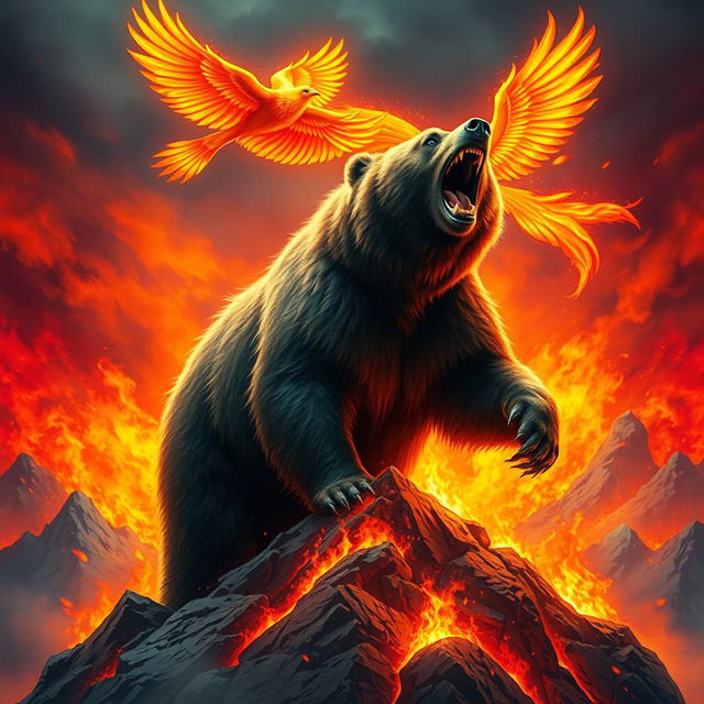 A powerful bear stands triumphantly atop a fiery, burning mountain, roaring with fierce intensity