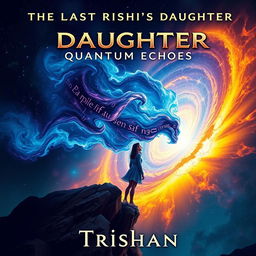 A visually stunning book cover for the title "The Last Rishi's Daughter - QUANTUM ECHOES" featuring a dramatic cosmic event, specifically a mesmerizing supernova exploding in brilliant hues of blue, purple, and gold, set against a deep space backdrop filled with stars