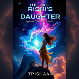 A visually stunning book cover for the title "The Last Rishi's Daughter - QUANTUM ECHOES" featuring a dramatic cosmic event, specifically a mesmerizing supernova exploding in brilliant hues of blue, purple, and gold, set against a deep space backdrop filled with stars