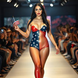 A full-length photograph of a confident young woman walking down a runway during a fashion show