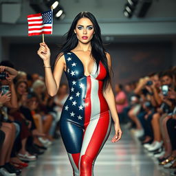 A full-length photograph of a confident young woman walking down a runway during a fashion show