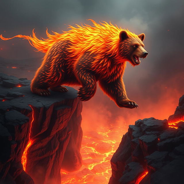 A striking hybrid bear, its fur crackling with vibrant flames reminiscent of a phoenix, stands powerfully on the edge of a volcanic cliff